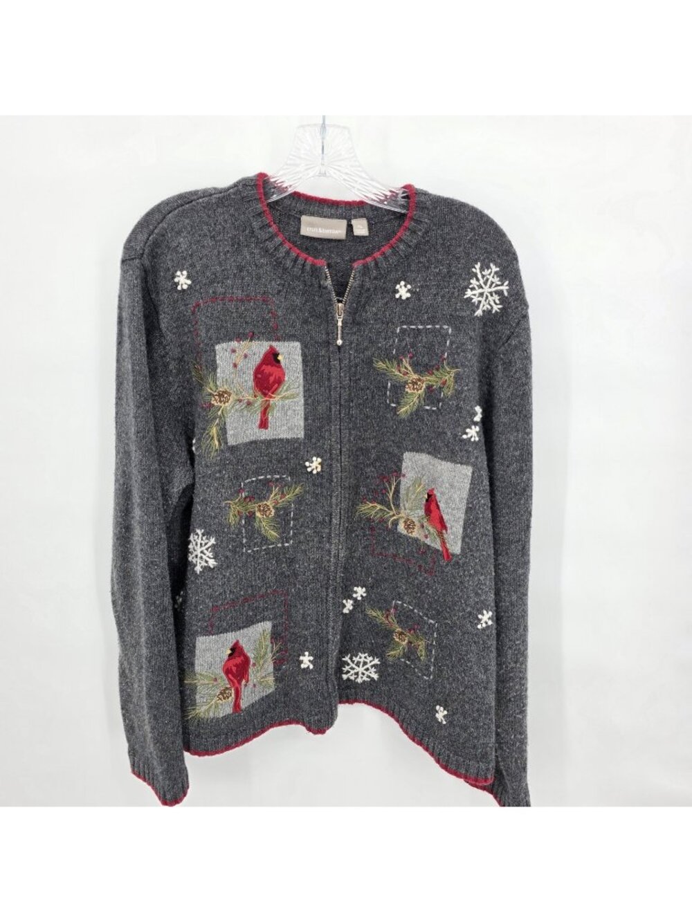 Croft & Barrow Cardigan Sweater Women XL Gray Full Zip Cardinal Christmas Winter